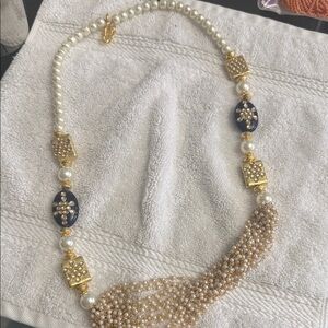 Elegant Gold tone and Blue faux Pearl Necklace